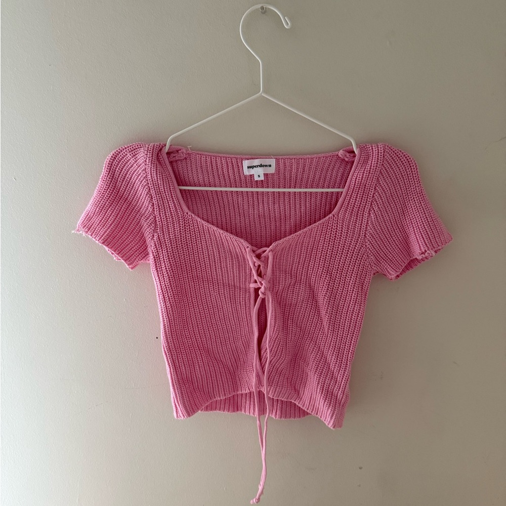 Superdown Pink Lace-Up Knit Top